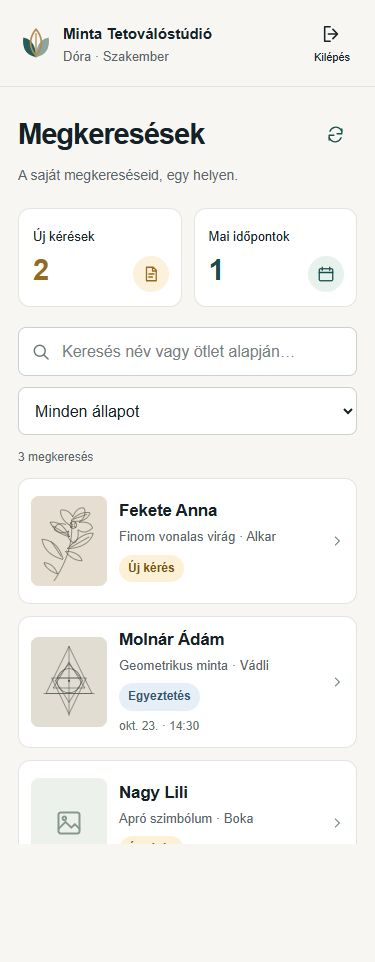 Megkeresések listája a mobilos munkafelületen
